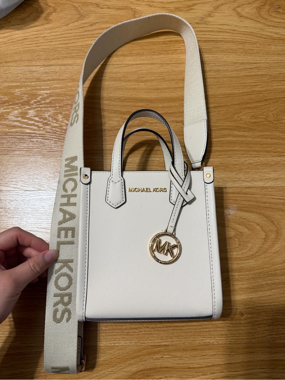 Michael Kors Ivory Leather Mini Tote with Branded Strap and Gold MK Charm